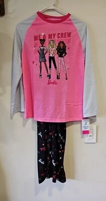 Girls Barbie Longsleeve Top & Pants Pajama Set Black & Pink Size 14-16 New  - Image 1 of 4