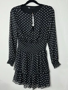 NWT Zara Black Polka Dot Print Sheer Long Sleeve Mini Dress Ruffled Hem Sz Small - Picture 1 of 14