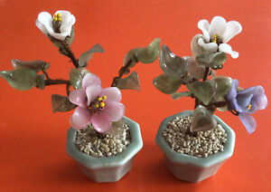 2 Pair Vintage Blossom Bonsai Glass Trees Retro Kitsch Flower Japanese Pot Plant