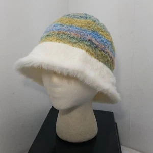 White Fuzzy Brim Blue Green Yellow Fisherman Bucket Cloche Hat Warm Winter - Picture 1 of 10