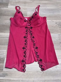 Vintage Red Teddy Babydoll Lingerie Sheer Sexy Black Lace Trim Sz 36B Underwire