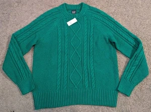 New with Tags! GAP Classic Cable Knit Holiday Green Cotton Sweater Men's Small - Picture 1 of 5