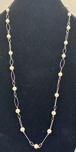 Signed Lauren By Ralph Lauren Faux Pearl Silver Tone Long Necklace- Rare - Picture 1 of 5