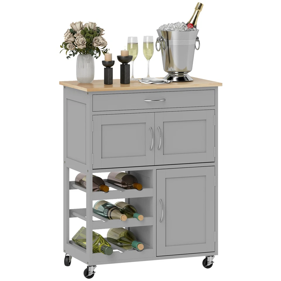 HOMCOM Rolling Kitchen Island Trolley Storage Cart w/ Rubberwood Top, Grey - Image 1 of 4