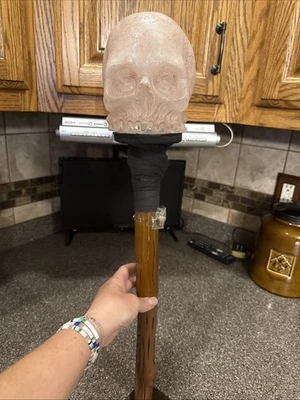 Halloween Light Up Skull Wood Look Walking Cane Plastic W/extra Bulb 5ft Tall - Image 1 of 4