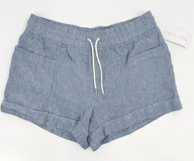 New Athleta Linen Shorts Womens 18 Blue Cabo 4" Pull On Drawstring Casual - Image 1 of 4