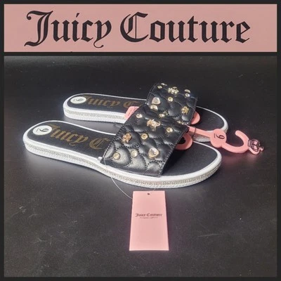 Juicy Couture Negro Yafari Slides Corazón Acolchado Imitación Cuero Dijes Estrás Foto 1 de 4