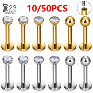 10Pc/50Pc G23 Ttianium Labret Ear Lip Stud Jewelry Square CZ Stone Cartilage Tra - Picture 1 of 155
