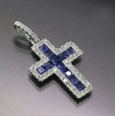 Saphir-Brillant-Kreuz -Anhänger  18kt/750er Weißgold Neu - Bild 1 von 3