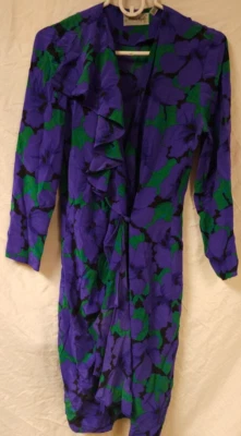 Vtg Adrianna Papell  Womens 4 Purple Green Floral  100% Silk Button Wrap Dress - Image 1 of 4