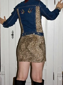 Punkrock Leopard Jeans Jacke und kurzer Rock Kostüm XS 32  Punk Handmade - Bild 1 von 7
