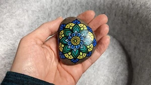Hand Painted Rock / Stone - mandala Blue Green Gold colors - Picture 1 of 2