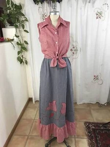 Vtg 70s In or Out Skirt Set Gingham Denim Ticking Hippy Boho Prairie 24" Waist - Picture 1 of 12