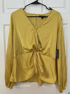 INC Blouse Women's 14 Gold Seed Yellow V Neck Faux Wrap Satin Balloon Sleeve NWT - Picture 1 of 6