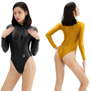 AMORESY Damen sexy glänzend glänzend glänzend glänzend Bademode Langarm Reißverschluss Badeanzug Trikots - Bild 1 von 20