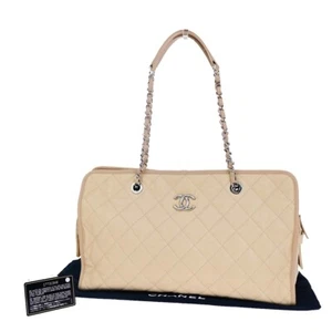 CHANEL CC Logo Chain Shoulder Bag Grained Calfskin Leather Beige SHW 622RK301 - Picture 1 of 20