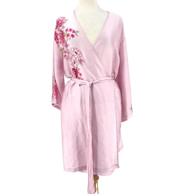 Morgan Taylor Robe XL Pink Rose Floral Kimono Silky Knee Length Bride Honeymoon - Image 1 of 4