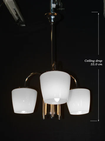 Vintage 1940s Art Deco chrome plate Opaline three arm pendant light chandelier Cover