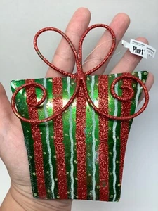 Pier 1 Imports 5.5" x 4.25" Glitter Christmas Present Metal Ornament 1 Red Green - Picture 1 of 8