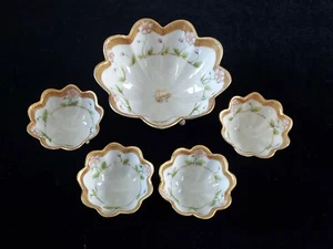 Vtg NIPPON Handpainted Footed 5 Pc Berry Fruit Ice Cream Bowls Set Flowers Gold - Picture 1 of 9