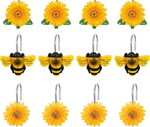 12Pcs Shower Curtain Hooks Yellow Sunflower Bee Decorative Resin Curtain Hanger - Picture 1 of 12