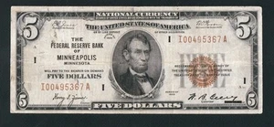 BEAUTIFUL MINNEAPOLIS 1929 $5 NATIONAL CURRENCY NOTE. NO TEARS OR PINHOLES - Picture 1 of 2