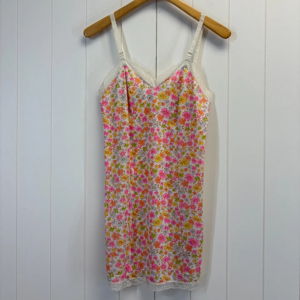Винтажный Maidenform женщин Y2K Groovy цветочный нейлона скольжения платье размер 32 кружева сексуальный США - Изображение 1 из 4