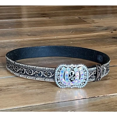 Tony Lama Womens Rhinestone Bling Horse Shoe TooledWesternLeather Belt Sz32 READ - Image 1 of 4