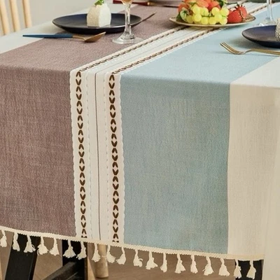 NEW Square Tablecloth 55" x 55" Cotton Linen Blend Off White Brown Blue Stripe - Image 1 of 4