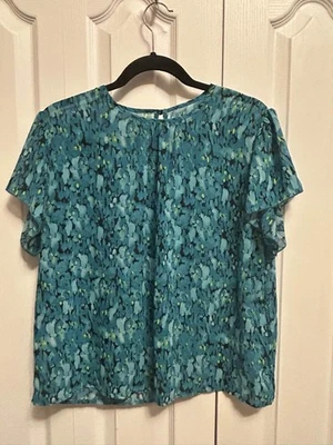 Женская бирюзовый синий цветочный блузка верхний короткий развевающийся рукав размер L - Изображение 1 из 3