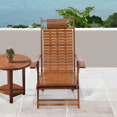 Walnut Color Bamboo Folding Lounge Chair Garden Leisure Chair Max Load 200kg - Image 1 of 4