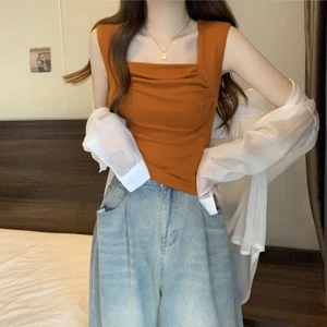 Lady Pleated Vest Top Square Neck Tank Top Slim Sleeveless Camisole Vest Top Tee - Picture 1 of 17