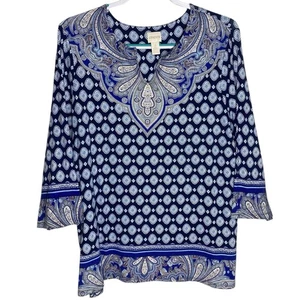 Chicos Top Damen 2 große blaue Kerbe V-Ausschnitt 3/4 Arm Tunika Bluse Slinky Boho - Bild 1 von 11