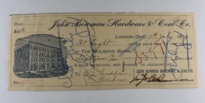 John Bowman Hardware & Coal Co. - 7 luglio 1899 The Molsons Bank assegno di Londra - Foto 1 di 1