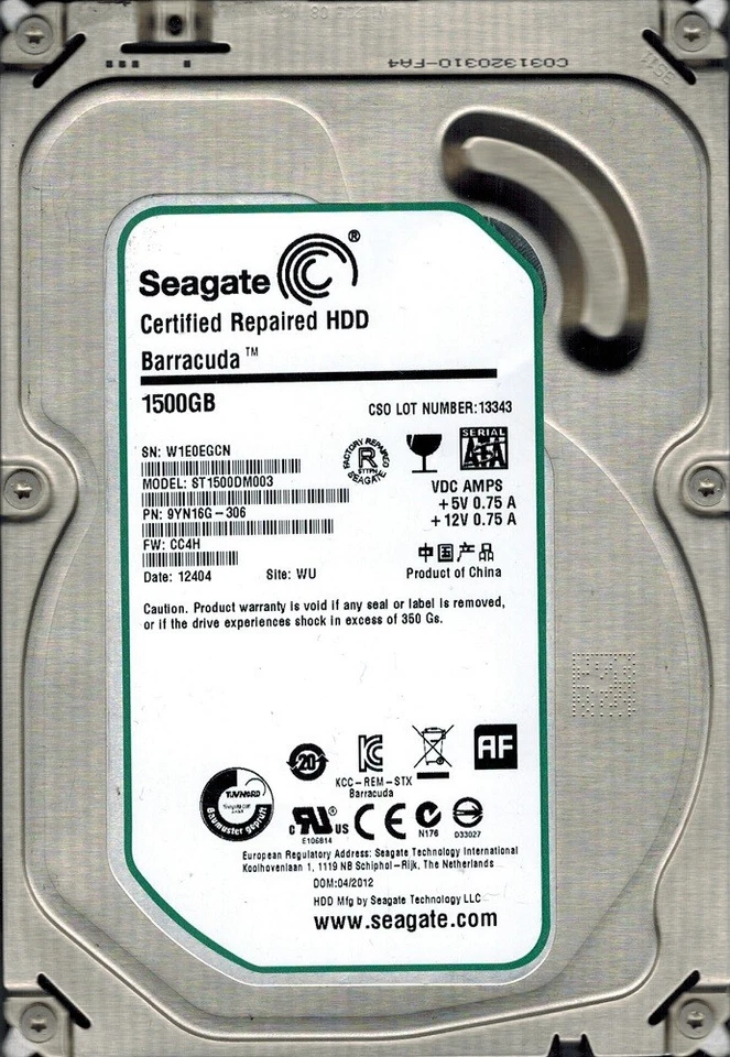 Seagate ST1500DM003 P/N: 9YN16G-306 F/W: CC4H 1.5TB WU W1E0 - Image 1 of 1