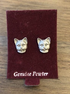 Pewter Cat Face Stud Earrings - Picture 1 of 3