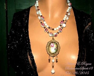 Arturo E.Reyna ROSE CAMEO MILK GLASS PORCELAIN BEADS #2 STR GEMSTONE NECKLACE - Picture 1 of 7