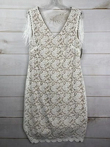 Connected Dress 14 White Lace Sheath Fringe Wedding Party Cruise Event Stretch - Picture 1 of 12