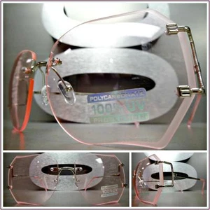 OVERSIZED VINTAGE RETRO Style SUN GLASSES Silver Rimless Frame Light Pink Lens - Picture 1 of 10