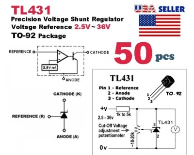 50pcs TL431 Precision Shunt Voltage Regulator, V-REF 2.5V ~ 36V TO-92 - USA SHIP - Image 1 of 2