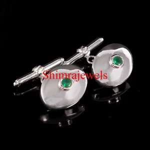 Natural Green Onyx Gemstone With 18K White Gold Plated Silver Cufflinks #534 - Picture 1 of 10