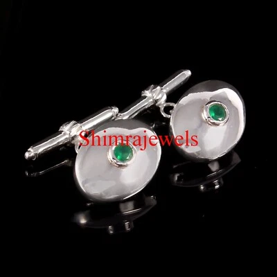 Gemelli In Argento Placcati In Oro Bianco 18K In Onice Verde Naturale #534 - Immagine 1 di 4