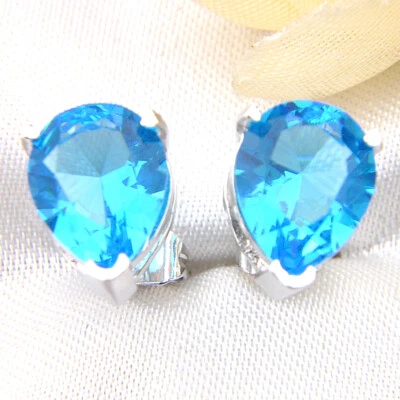 Xmas Multi Stones Gorgeous Sky Blue Topaz White Zircon Silver Stud Earrings - Image 1 of 4