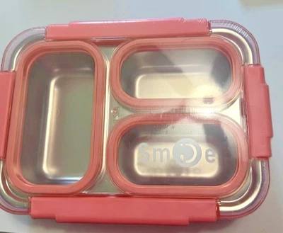 全新 不锈钢 Bento 午餐盒 防漏 3 隔层 食品容器 粉红色 — 第 1/3 张图片