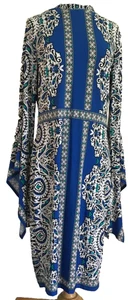 Blue High Neck Majolica Print Bodycon Dress, L, Long Bell Sleeve Midi Sexy - Picture 1 of 8