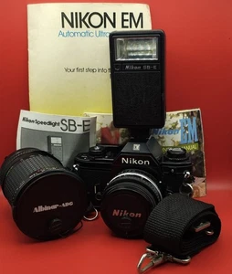 NIKON EM 35mm SLR Film Camera BUNDLE 2 Lenses + Bag + Manuals + Flash 50mm 1:1.8 - Picture 1 of 16