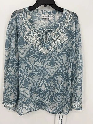 Top Chicos Mujer Grande 2 Azul Floral Seda Bordado Transparente Artístico Manga Larga Foto 1 de 4