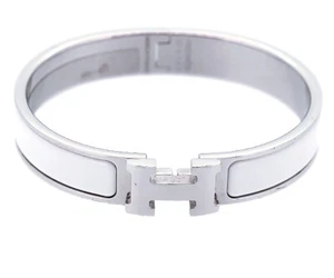Hermes Click H Bracelet Bangle Silver Plated Enamel Silver x White Accessories - Picture 1 of 9