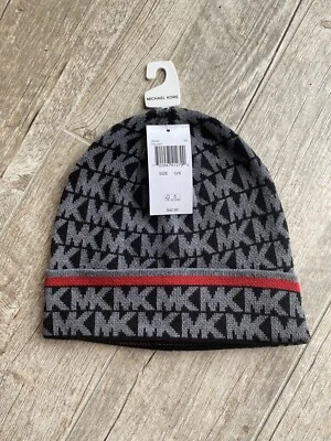 NWT! Michael Kors Cuff Monogram Black Gray Red Fold Beanie Hat Unisex O/S. $42! - Image 1 of 3