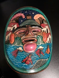 Mexican Mask Folk Art Red Clay Pottery Terracotta Hand Painted - Picture 1 of 2
